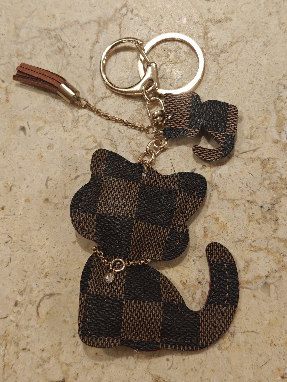 Checker Cat Keychain with Tassel - Brown & Black